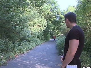 Brunette man decided to fuck his friend right in front cute green park