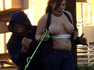 So this cutie with a tiny dog and huge fucking knockers comes walking up the street in a TUBE TOP! Everyone knows those are just meant to be pulled down! Her boobs were just begging to bust out of that constricted top so we helped 'em out!