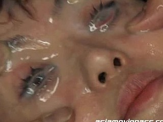 Nanami Nanase sucks ramrods  eats food dipped in cum  drinks cum  gets bound up  and gets cumshots to her face.