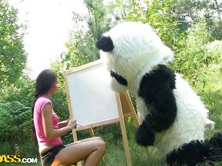 Mr. Panda is outside in the middle of nature and the thin brunette chick that's with him wants to prove him what an artist she is. Well, she may not be good at painting but she surely knows how to make him happy by sucking his big panda cock. Stay with them and enjoy the wilderness of the forest and much more